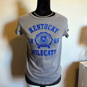 PINK Victoria’s secret grey KY Tee with blue lettering.